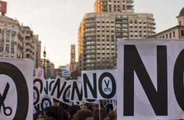 “No to cuts” signs at a demonstration against austerity measures in Valencia, Spain (2012)