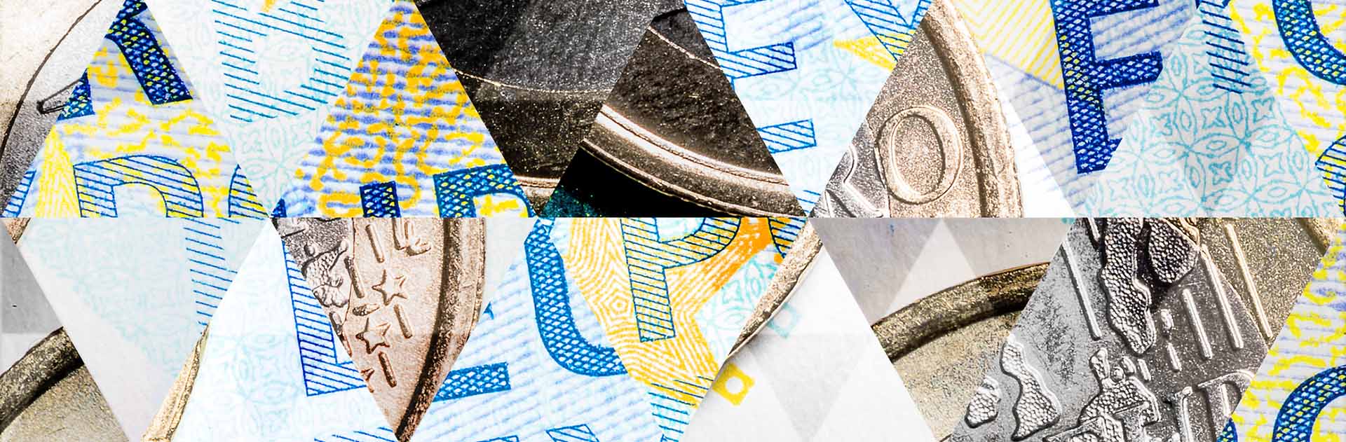 Abstract triangle mosaic background with one-euro coins and 20-euro banknotes. Conceptual representation of the European economic model