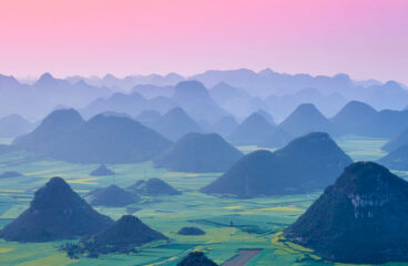 Campos de flores de colza en flor en el condado de Luoping (China) al atardecer.