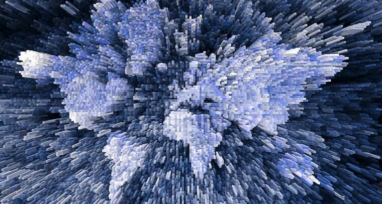 Abstract 3D image of a world map, composed of pixelated blocks in bluish and greyish tones. China