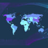 Composition with the world map of the global presence ranking with the results of the, and a scientific vector illustration with wave flows and node networks, in gradient colours from violet to cyan.
